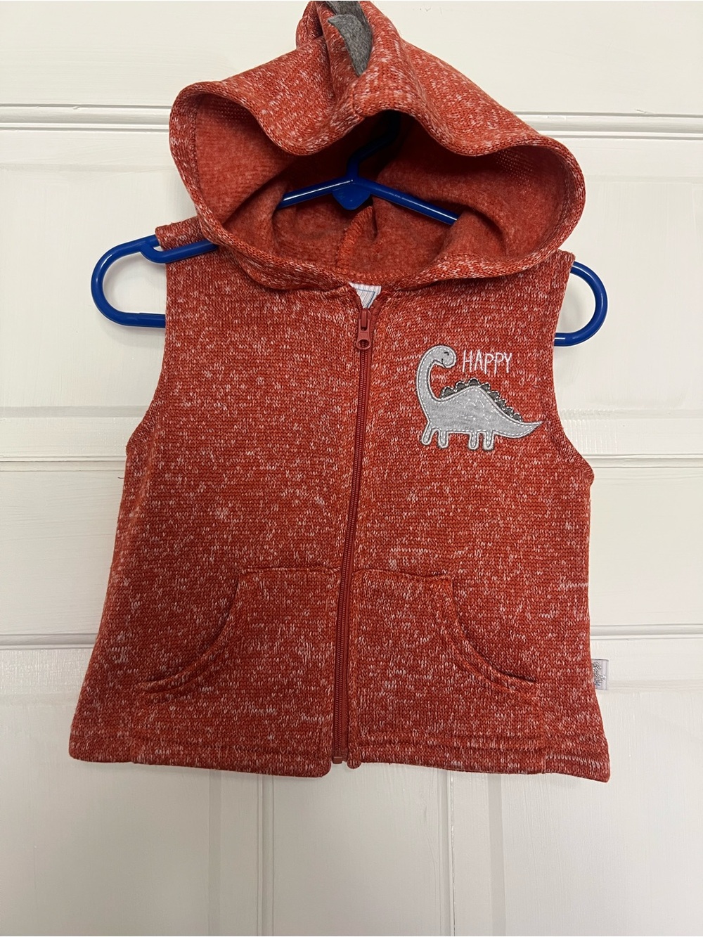 Toddler Happy Dino Hooded Zip Vest - Rust Orange Knit